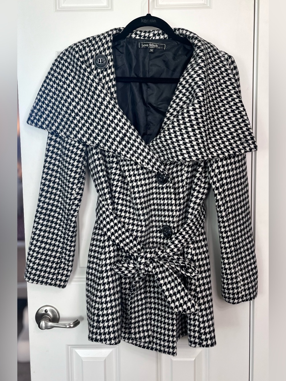 Love Stitch Black and White Houndstooth Belted Pea Coat